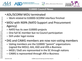 ThisdocumentanditscontentisthepropertyoftheS1000DCouncil.
Itshallnotbecommunicatedtoanythirdpartywithouttheowner’swrittenconsent.©Allrightsreserved.
• ADL/SCORM MOU terminated
– Work related to S1000D-SCORM interface finished
• MOU with NSPA (NATO Support and Procurement
Agency)
– NATO has its own S1000D projects
– One full SC member but no Council participation
– Still under legal review
• DIG and CAWG members are now non-voting members
– Voting members are the S1000D “parent” organizations
(signed the MOU): AIA, ASD and ATA e-Business
– MOD / DoD are represented in the SC through nations
– CAWG is represented through ATA e-Business
2016-09-27/28 S1000D Council & Steering Committee Reports 7
S1000D Council News
 