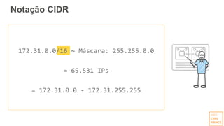 Notação CIDR
172.31.0.0/16 ~ Máscara: 255.255.0.0
= 65.531 IPs
= 172.31.0.0 - 172.31.255.255
 