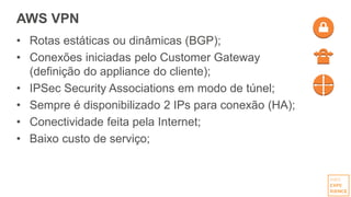 AWS VPN
• Rotas estáticas ou dinâmicas (BGP);
• Conexões iniciadas pelo Customer Gateway
(definição do appliance do cliente);
• IPSec Security Associations em modo de túnel;
• Sempre é disponibilizado 2 IPs para conexão (HA);
• Conectividade feita pela Internet;
• Baixo custo de serviço;
 