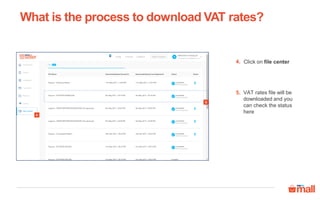 Click on file center
VAT rates file will be
downloaded and you
can check the status
here
4
5
4.
5.
What is the process to download VAT rates?
 