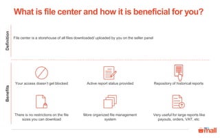 BenefitsDefinition
File center is a storehouse of all files downloaded/ uploaded by you on the seller panel
Repository of historical reportsActive report status providedYour access doesn’t get blocked
More organized file management
system
Very useful for large reports like
payouts, orders, VAT, etc
There is no restrictions on the file
sizes you can download
What is file center and how it is beneficial for you?
 