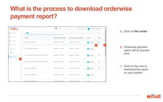 Click on file center
Orderwise payment
report will be queued
here
Click on the icon to
download the report
on your system
5
6 7
5.
6.
7.
What is the process to download orderwise
payment report?
 