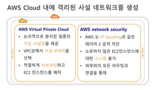 AWS Cloud 내에 격리된 사설 네트워크를 생성
가용영역A
가용영역B
AWS Virtual Private Cloud
• 논리적으로 분리된 일종의
가상 사설망을 제공
• VPC상에서 사설 IP대역을
선택
• 적절하게 서브넷팅하고
EC2 인스턴스를 배치
AWS network security
• AWS 는 IP Spoofing과 같은
레이어 2 공격 차단
• 소유하지 않은 EC2인스턴스에
대한 스니핑 불가
• 외부와의 모든 라우팅과
연결을 통제
 