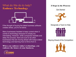 3 Steps in the Process:
Get Started
Designate a Team to Help
Staying Ahead of the Competition
What do We do to help?
Embrace Technology
If the thought of buying the latest business software
creates stress, you’re not alone.
Many businesses hesitate to keep current when it
comes to technology because it’s simply too
intimidating. However, while companies hesitate and
delay the process, there are sure to be other
businesses that are moving ahead with today’s latest
technology and learning how to thrive from it.
When you embrace today’s technology, you
embrace the future of your business.
 