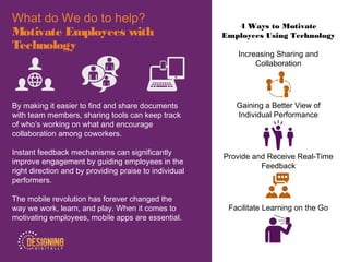 4 Ways to Motivate
Employees Using Technology
Increasing Sharing and
Collaboration
Gaining a Better View of
Individual Performance
Provide and Receive Real-Time
Feedback
Facilitate Learning on the Go
What do We do to help?
Motivate Employees with
Technology
By making it easier to find and share documents
with team members, sharing tools can keep track
of who’s working on what and encourage
collaboration among coworkers.
Instant feedback mechanisms can significantly
improve engagement by guiding employees in the
right direction and by providing praise to individual
performers.
The mobile revolution has forever changed the
way we work, learn, and play. When it comes to
motivating employees, mobile apps are essential.
 