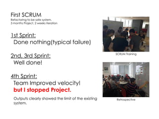 First SCRUM
Refactoring to be safe system.
3 months Project, 2 weeks iteration
1st Sprint:
Done nothing(typical failure)
2nd, 3rd Sprint:
Well done!
4th Sprint:
Team Improved velocity!
but I stopped Project.
SCRUM Training
RetrospectiveOutputs clearly showed the limit of the existing
system.
 