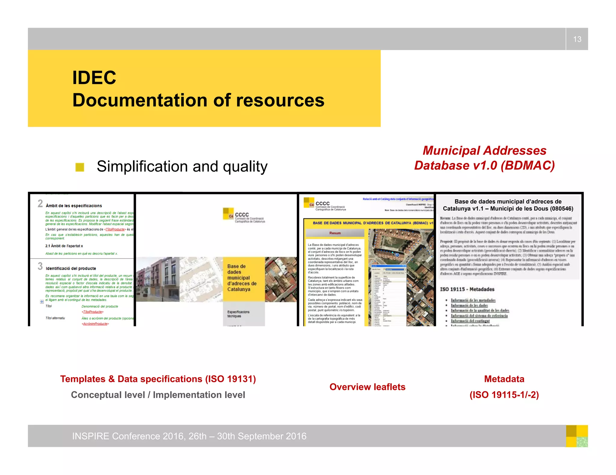 IDEC
Documentation of resources
13
INSPIRE Conference 2016, 26th – 30th September 2016
Base de dades municipal d’adreces de
Catalunya v1.1 – Municipi de les Dous (080546)
Templates & Data specifications (ISO 19131)
Conceptual level / Implementation level
Overview leaflets
Metadata
(ISO 19115-1/-2)
Municipal Addresses
Database v1.0 (BDMAC)Simplification and quality
 