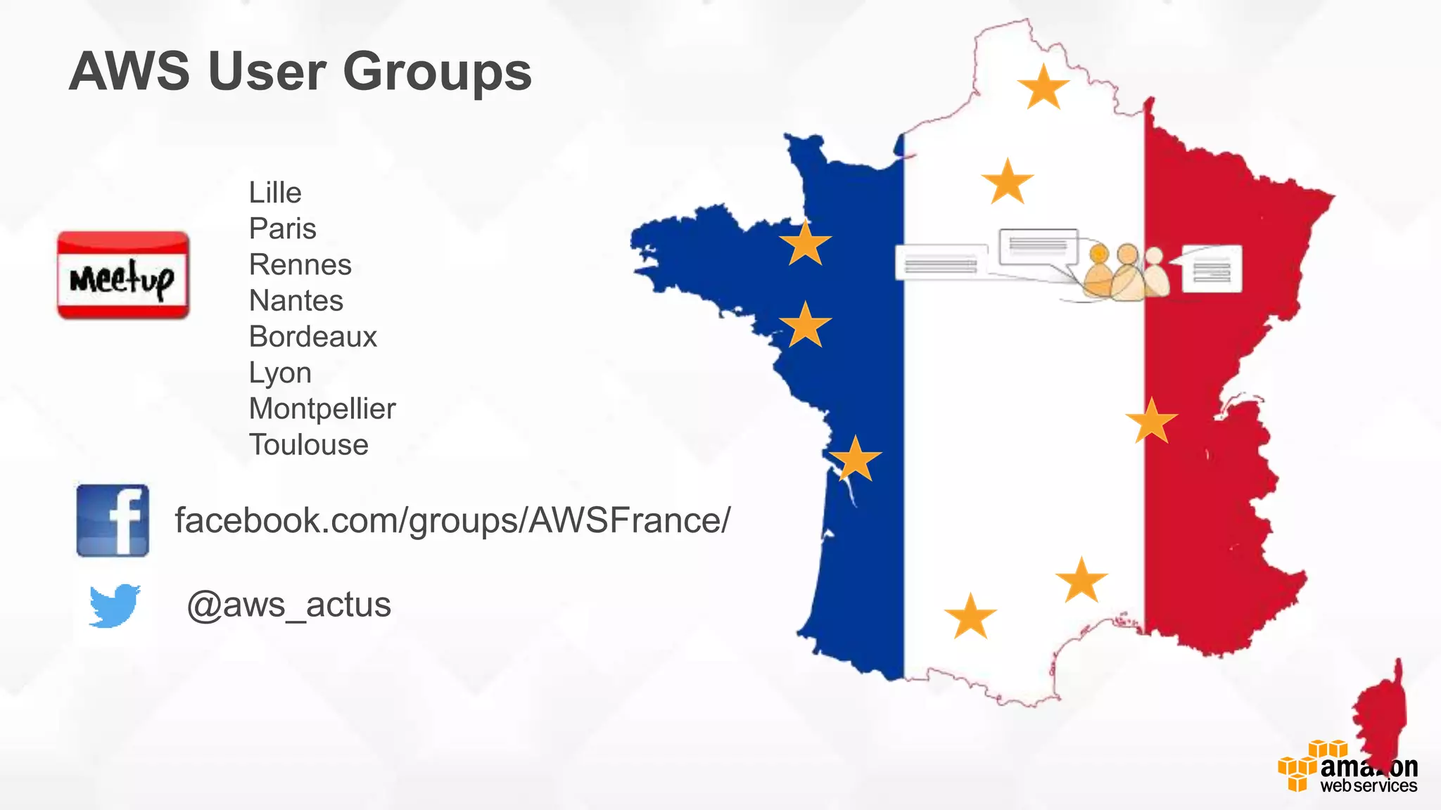 AWS User Groups Lille Paris Rennes Nantes Bordeaux Lyon Montpellier Toulouse facebook.com/groups/AWSFrance/ @aws_actus 