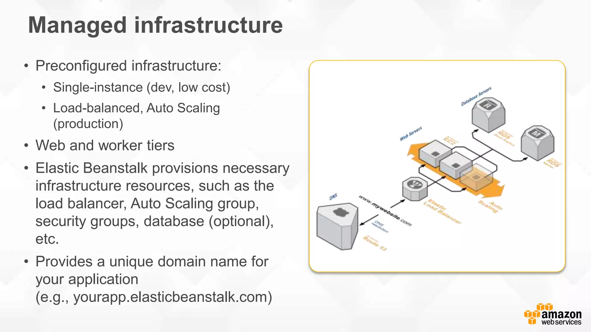 Managed infrastructure • Preconfigured infrastructure: • Single-instance (dev, low cost) • Load-balanced, Auto Scaling (production) • Web and worker tiers • Elastic Beanstalk provisions necessary infrastructure resources, such as the load balancer, Auto Scaling group, security groups, database (optional), etc. • Provides a unique domain name for your application (e.g., yourapp.elasticbeanstalk.com) 
