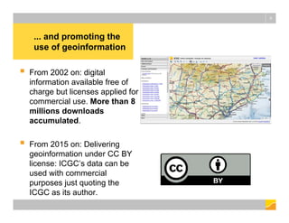 ... and promoting the
use of geoinformation
9
 From 2002 on: digital
information available free of
charge but licenses applied for
commercial use. More than 8
millions downloads
accumulated.
 From 2015 on: Delivering
geoinformation under CC BY
license: ICGC’s data can be
used with commercial
purposes just quoting the
ICGC as its author.
 