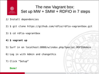 The new Vagrant box:
Set up MW + SMW + RDFIO in 7 steps
1) Install dependencies
2) $ git clone https://github.com/rdfio/rd...