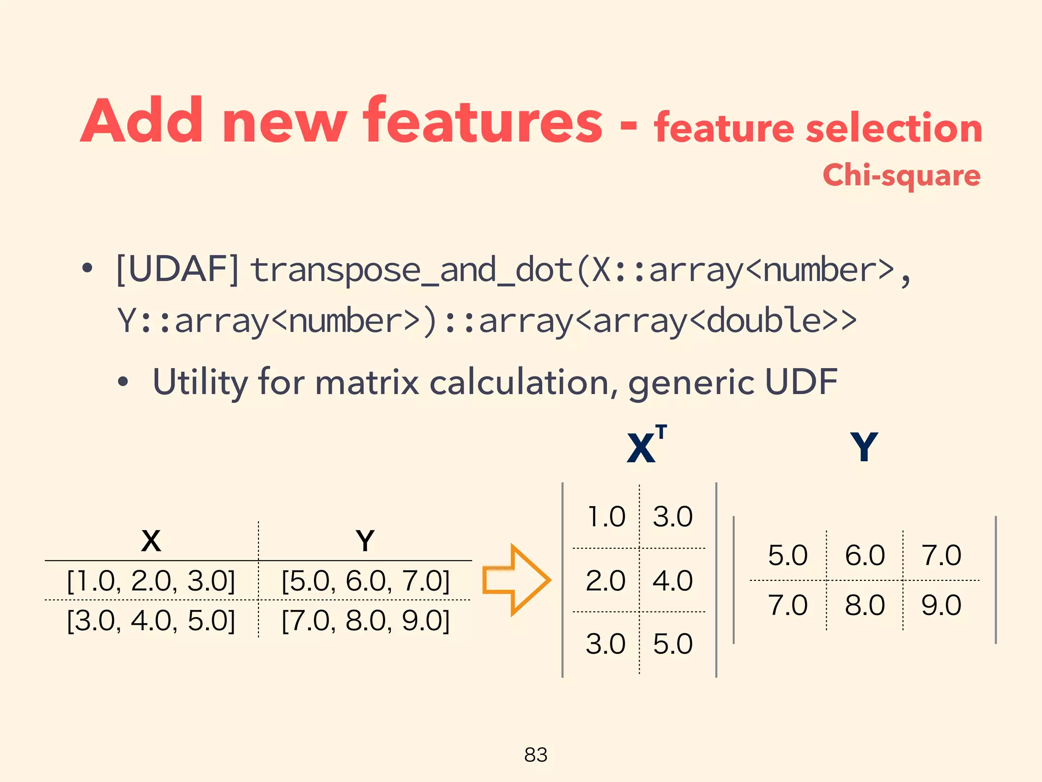 Add new features - feature selection
• [UDAF] transpose_and_dot(X::array<number>,
Y::array<number>)::array<array<double>>
• Utility for matrix calculation, generic UDF
YX
T
Chi-square
 
