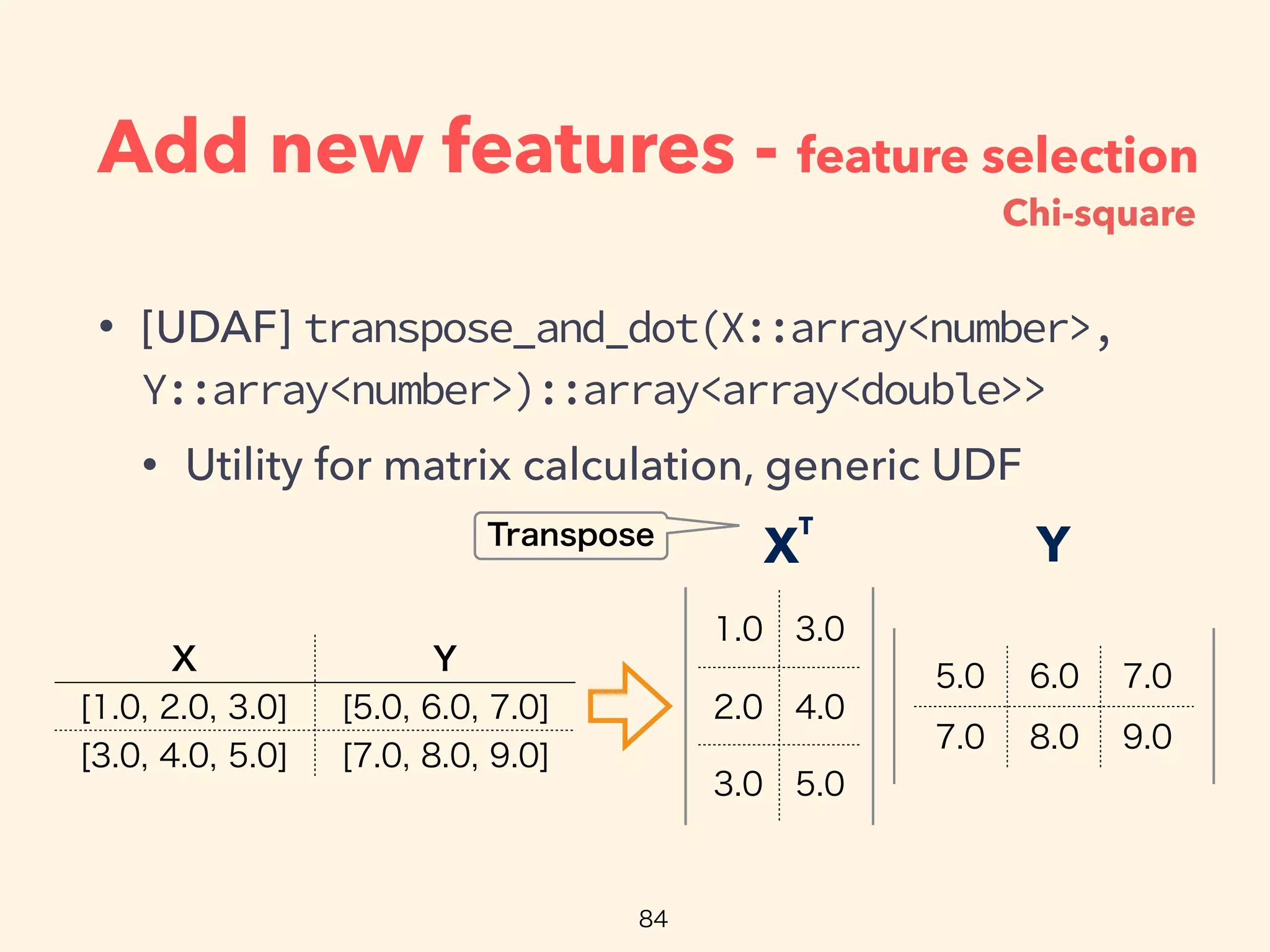 Add new features - feature selection
• [UDAF] transpose_and_dot(X::array<number>,
Y::array<number>)::array<array<double>>
• Utility for matrix calculation, generic UDF
YX
T
Chi-square
 