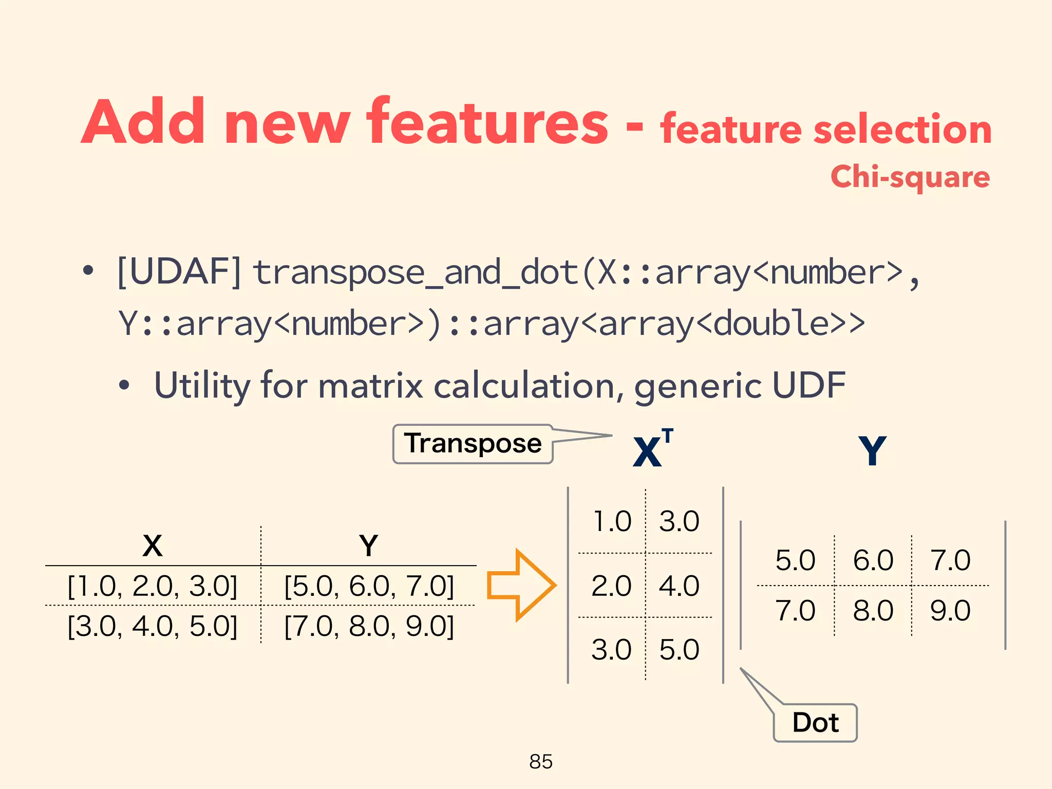 Add new features - feature selection
• [UDAF] transpose_and_dot(X::array<number>,
Y::array<number>)::array<array<double>>
• Utility for matrix calculation, generic UDF
YX
T
Chi-square
 