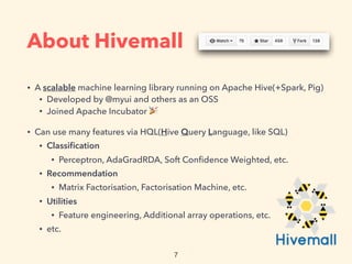 About Hivemall
• A scalable machine learning library running on Apache Hive(+Spark, Pig)
• Developed by @myui and others as an OSS
• Joined Apache Incubator 🎉
• Can use many features via HQL(Hive Query Language, like SQL)
• Classiﬁcation
• Perceptron, AdaGradRDA, Soft Conﬁdence Weighted, etc.
• Recommendation
• Matrix Factorisation, Factorisation Machine, etc.
• Utilities
• Feature engineering, Additional array operations, etc.
• etc.
 