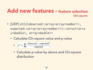 Add new features - feature selection
• [UDF] chi2(observed::array<array<number>>,
expected::array<array<number>>)::struct<arra
y<double>, array<double>>
• Calculate Chi-square value and p-value
•
• Calculate p-value by above and Chi-square
distribution
Chi-square
 