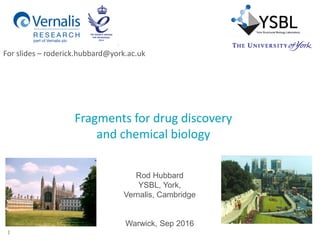 1
Fragments for drug discovery
and chemical biology
Rod Hubbard
YSBL, York,
Vernalis, Cambridge
Warwick, Sep 2016
For slides – roderick.hubbard@york.ac.uk
 