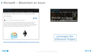 © Copyright 2000-2016 TIBCO Software Inc.
Microsoft – Blockchain on Azure
https://azure.microsoft.com/en-us/blog/ethereum-blockchain-as-a-service-now-on-azure/
Leverages the
Ethereum Project
 