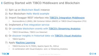© Copyright 2000-2016 TIBCO Software Inc.
Getting Started with TIBCO Middleware and Blockchain
1) Spin up an Blockchain BaaS instance
2) Run Blockchain Hello World example
3) Import Swagger REST interface into TIBCO’s Integration Middleware
• BusinessWorks 6 (BW6), BW Container Edition (BWCE) or TIBCO Cloud Integration (TCI)
4) Implement a first integration service
5) Or correlate blockchain events with TIBCO’s Streaming Analytics
• TIBCO StreamBase, TIBCO Live Datamart
6) Or discover insights in historical data via TIBCO’s Visual Analytics
• TIBCO Spotfire
7) Apply Machine Learning
• TIBCO Runtime for R (TERR), Apache Spark ML, H2O.ai
• In combination with Visual Analytics and / or Streaming Analytics
 