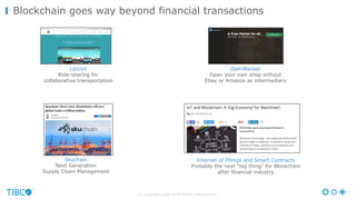 © Copyright 2000-2016 TIBCO Software Inc.
Blockchain goes way beyond financial transactions
OpenBazaar
Open your own shop without
Ebay or Amazon as intermediary
Internet of Things and Smart Contracts
Probably the next “big thing” for Blockchain
after financial industry
Lazooz
Ride-sharing for
collaborative transportation
Skuchain
Next Generation
Supply Chain Management
 