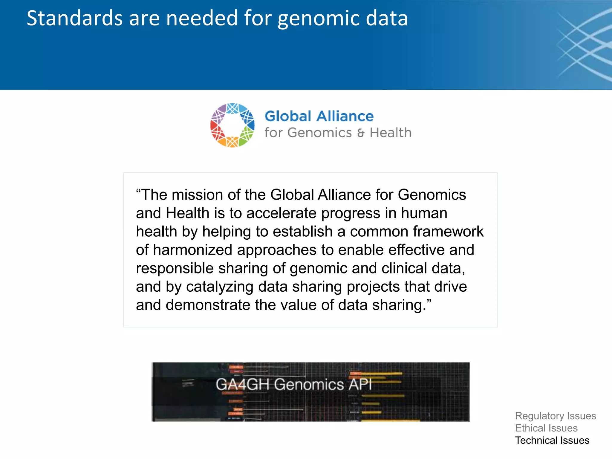 Standards are needed for genomic data
“The mission of the Global Alliance for Genomics
and Health is to accelerate progress in human
health by helping to establish a common framework
of harmonized approaches to enable effective and
responsible sharing of genomic and clinical data,
and by catalyzing data sharing projects that drive
and demonstrate the value of data sharing.”
Regulatory Issues
Ethical Issues
Technical Issues
 