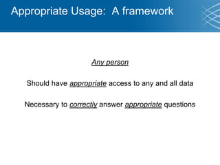 Appropriate Usage: A framework
Any person
Should have appropriate access to any and all data
Necessary to correctly answer appropriate questions
 