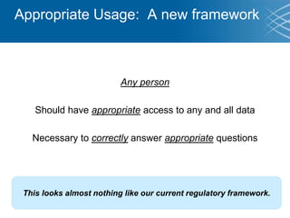 Appropriate Usage: A new framework
Any person
Should have appropriate access to any and all data
Necessary to correctly answer appropriate questions
This looks almost nothing like our current regulatory framework.
 
