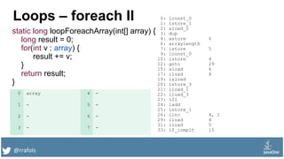 @rrafols
Loops – foreach II
static long loopForeachArray(int[] array) {
long result = 0;
for(int v : array) {
result += v;
}
return result;
}
0: lconst_0
1: lstore_1
2: aload_0
3: dup
4: astore 6
6: arraylength
7: istore 5
9: iconst_0
10: istore 4
12: goto 29
15: aload 6
17: iload 4
19: iaload
20: istore_3
21: lload_1
22: iload_3
23: i2l
24: ladd
25: lstore_1
26: iinc 4, 1
29: iload 4
31: iload 5
33: if_icmplt 15
0 array 4 -
1 - 5 -
2 - 6 -
3 - 7 -
 