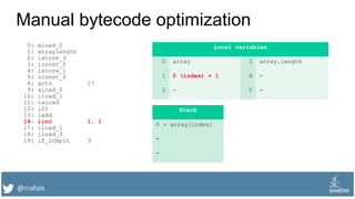 @rrafols
Manual bytecode optimization
0: aload_0
1: arraylength
2: istore_3
3: iconst_0
4: istore_1
5: lconst_0
6: goto 17
9: aload_0
10: iload_1
11: iaload
12: i2l
13: ladd
14: iinc 1, 1
17: iload_1
18: iload_3
19: if_icmplt 9
Local variables
0 array 3 array.length
1 0 (index) + 1 4 -
2 - 5 -
Stack
0 + array[index]
-
-
 