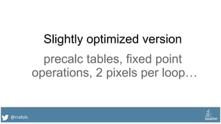 @rrafols
Slightly optimized version
precalc tables, fixed point
operations, 2 pixels per loop…
 