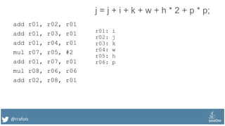 @rrafols
add r01, r02, r01
add r01, r03, r01
add r01, r04, r01
mul r07, r05, #2
add r01, r07, r01
mul r08, r06, r06
add r02, r08, r01
j = j + i + k + w + h * 2 + p * p;
r01: i
r02: j
r03: k
r04: w
r05: h
r06: p
 