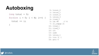 @rrafols
Autoboxing
long total = 0;
for(int i = 0; i < N; i++) {
total += i;
}
0: lconst_0
1: lstore_1
2: iconst_0
3: istore_3
4: iload_3
5: ldc #8 // N
7: if_icmpge 21
10: lload_1
11: iload_3
12: i2l
13: ladd
14: lstore_1
15: iinc 3, 1
18: goto 4
 