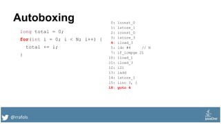 @rrafols
Autoboxing
long total = 0;
for(int i = 0; i < N; i++) {
total += i;
}
0: lconst_0
1: lstore_1
2: iconst_0
3: istore_3
4: iload_3
5: ldc #8 // N
7: if_icmpge 21
10: lload_1
11: iload_3
12: i2l
13: ladd
14: lstore_1
15: iinc 3, 1
18: goto 4
 