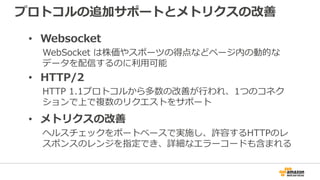 プロトコルの追加サポートとメトリクスの改善
• Websocket
WebSocket は株価やスポーツの得点などページ内の動的な
データを配信するのに利用可能
• HTTP/2
HTTP 1.1プロトコルから多数の改善が行われ、1つのコネク
ションで上で複数のリクエストをサポート
• メトリクスの改善
ヘルスチェックをポートベースで実施し、許容するHTTPのレ
スポンスのレンジを指定でき、詳細なエラーコードも含まれる
 