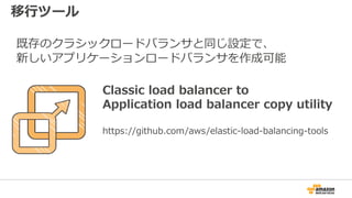 移行ツール
Classic load balancer to
Application load balancer copy utility
https://github.com/aws/elastic-load-balancing-tools
既存のクラシックロードバランサと同じ設定で、
新しいアプリケーションロードバランサを作成可能
 