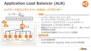 Application Load Balancer (ALB)
• 特徴 (https://aws.amazon.com/elasticloadbalancing/applicationloadbalancer/)
– レイヤー7のコンテントベースで、
ターゲットグループに対してルーティング
– コンテナベースのアプリケーションのサポート
– WebSocket と HTTP/2 のサポート
– 複数のアベイラビリティゾーンに跨って、高レベルの
耐障害性を実現
– ALB自体が自動的にキャパシティを増減
• 価格体系
(https://aws.amazon.com/jp/elasticloadbalancing/applicationloadbalancer/pricing/)
– ALBの起動時間
– Load Balancer Capacity Units (LCU)の使用量
レイヤー７のコンテントベースのロードバランサー
アベイラビリティ ゾーン a
ユーザー
アベイラビリティ ゾーン b
ALB
EC2
myLB-xxx.elb.amazonaws.com
EC2 EC2
ターゲットグループ ターゲットグループ
 