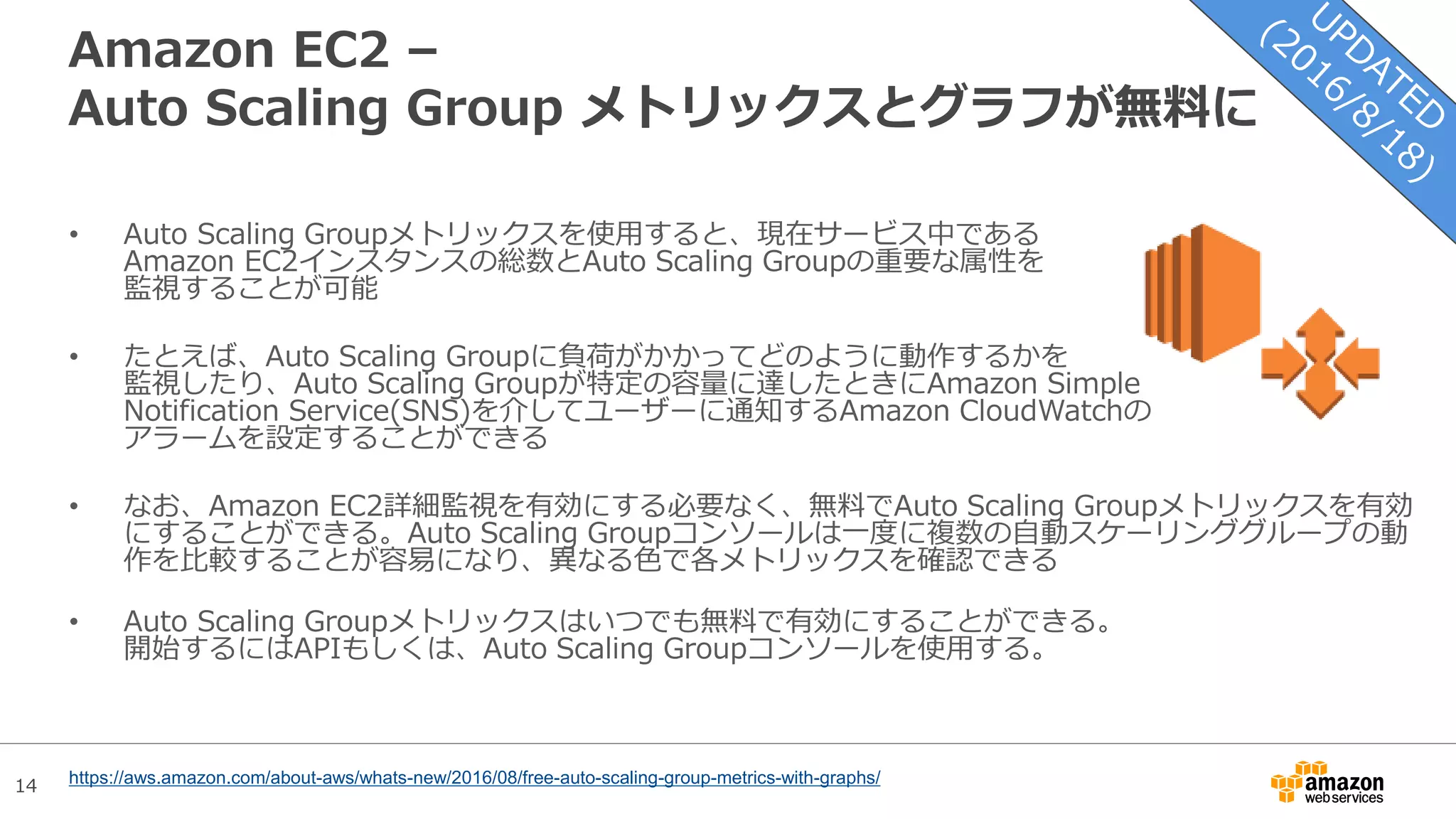 14
Amazon EC2 –
Auto Scaling Group メトリックスとグラフが無料に
• Auto Scaling Groupメトリックスを使用すると、現在サービス中である
Amazon EC2インスタンスの総数とAuto Scaling Groupの重要な属性を
監視することが可能
• たとえば、Auto Scaling Groupに負荷がかかってどのように動作するかを
監視したり、Auto Scaling Groupが特定の容量に達したときにAmazon Simple
Notification Service(SNS)を介してユーザーに通知するAmazon CloudWatchの
アラームを設定することができる
• なお、Amazon EC2詳細監視を有効にする必要なく、無料でAuto Scaling Groupメトリックスを有効
にすることができる。Auto Scaling Groupコンソールは一度に複数の自動スケーリンググループの動
作を比較することが容易になり、異なる色で各メトリックスを確認できる
• Auto Scaling Groupメトリックスはいつでも無料で有効にすることができる。
開始するにはAPIもしくは、Auto Scaling Groupコンソールを使用する。
https://aws.amazon.com/about-aws/whats-new/2016/08/free-auto-scaling-group-metrics-with-graphs/
 