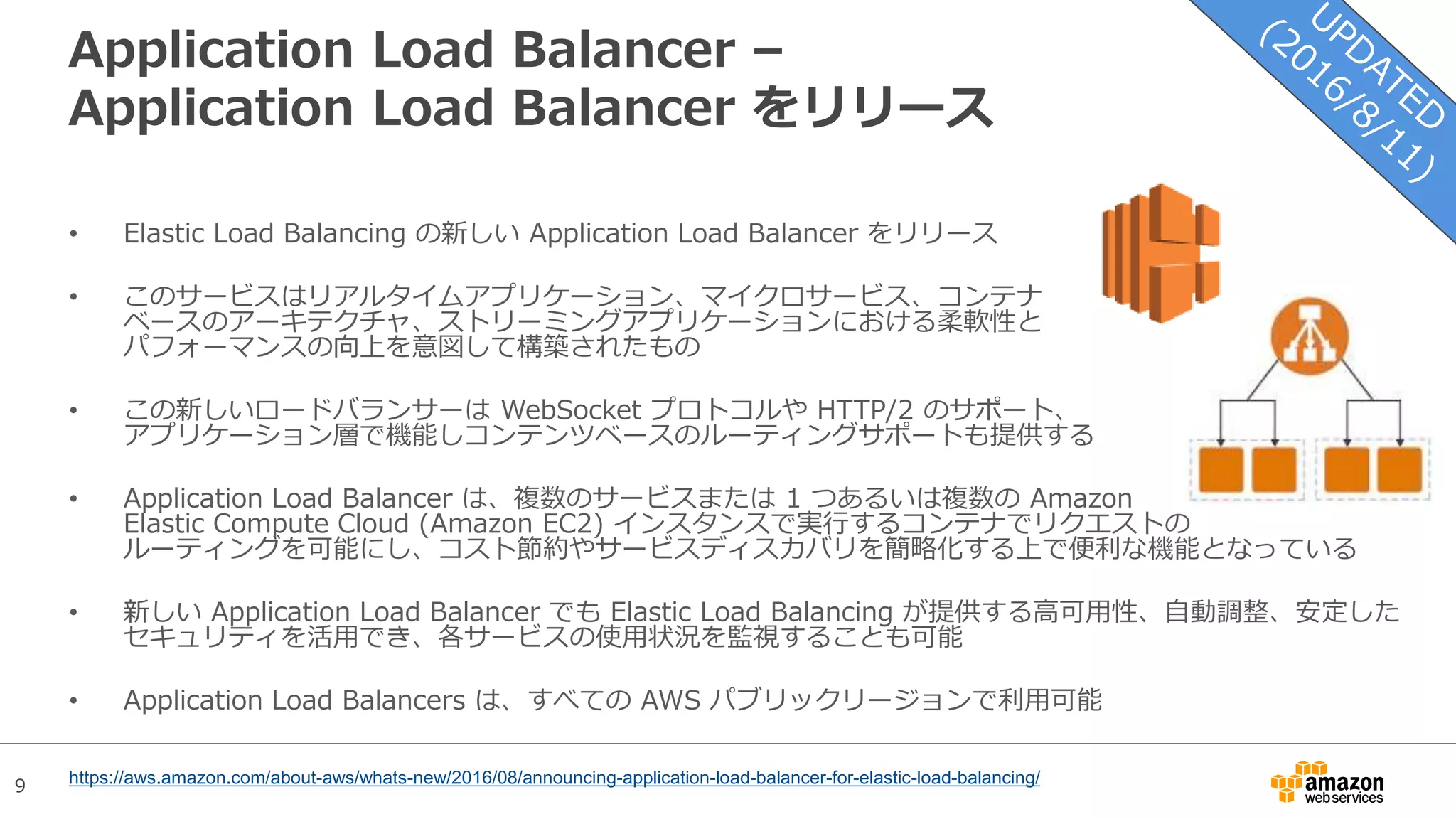 9
Application Load Balancer –
Application Load Balancer をリリース
• Elastic Load Balancing の新しい Application Load Balancer をリリース
• このサービスはリアルタイムアプリケーション、マイクロサービス、コンテナ
ベースのアーキテクチャ、ストリーミングアプリケーションにおける柔軟性と
パフォーマンスの向上を意図して構築されたもの
• この新しいロードバランサーは WebSocket プロトコルや HTTP/2 のサポート、
アプリケーション層で機能しコンテンツベースのルーティングサポートも提供する
• Application Load Balancer は、複数のサービスまたは 1 つあるいは複数の Amazon
Elastic Compute Cloud (Amazon EC2) インスタンスで実行するコンテナでリクエストの
ルーティングを可能にし、コスト節約やサービスディスカバリを簡略化する上で便利な機能となっている
• 新しい Application Load Balancer でも Elastic Load Balancing が提供する高可用性、自動調整、安定した
セキュリティを活用でき、各サービスの使用状況を監視することも可能
• Application Load Balancers は、すべての AWS パブリックリージョンで利用可能
https://aws.amazon.com/about-aws/whats-new/2016/08/announcing-application-load-balancer-for-elastic-load-balancing/
 