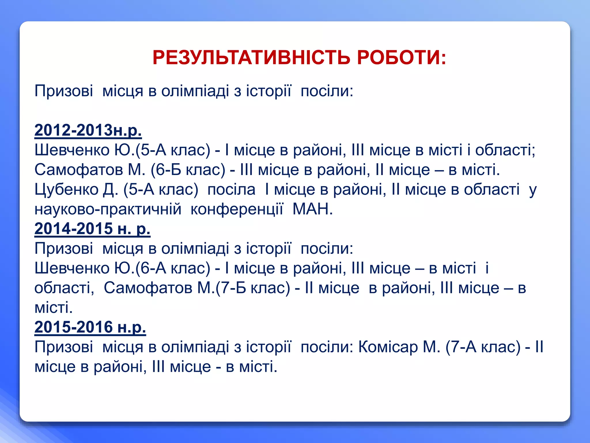 Призові місця в олімпіаді з історії посіли:
2012-2013н.р.
Шевченко Ю.(5-А клас) - І місце в районі, ІІІ місце в місті і області;
Самофатов М. (6-Б клас) - ІІІ місце в районі, ІІ місце – в місті.
Цубенко Д. (5-А клас) посіла І місце в районі, ІІ місце в області у
науково-практичній конференції МАН.
2014-2015 н. р.
Призові місця в олімпіаді з історії посіли:
Шевченко Ю.(6-А клас) - І місце в районі, ІІІ місце – в місті і
області, Самофатов М.(7-Б клас) - ІІ місце в районі, ІІІ місце – в
місті.
2015-2016 н.р.
Призові місця в олімпіаді з історії посіли: Комісар М. (7-А клас) - ІІ
місце в районі, ІІІ місце - в місті.
РЕЗУЛЬТАТИВНІСТЬ РОБОТИ:
 