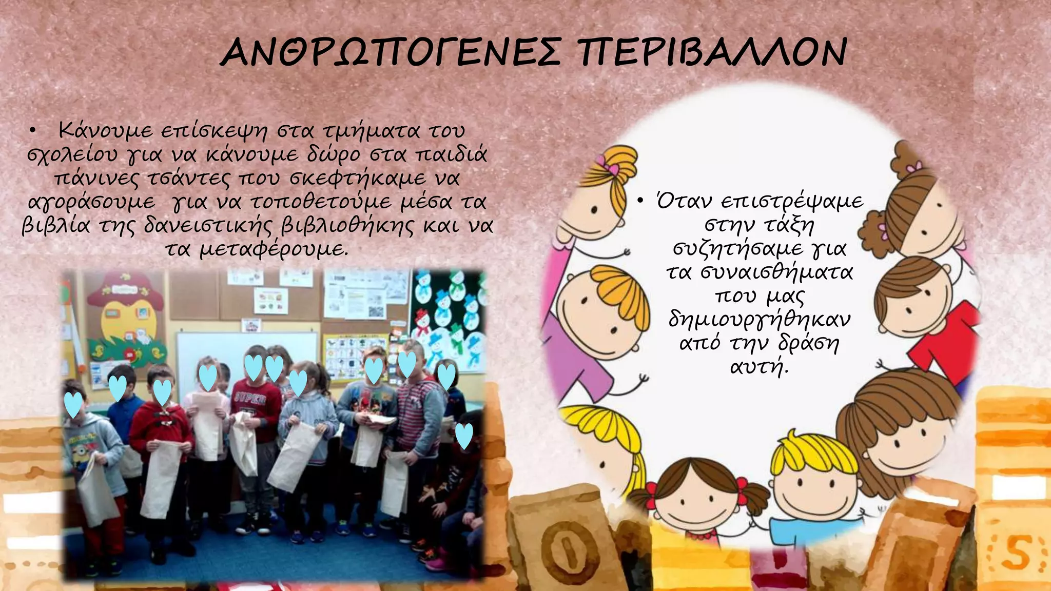 • Κάνουμε επίσκεψη στα τμήματα του
σχολείου για να κάνουμε δώρο στα παιδιά
πάνινες τσάντες που σκεφτήκαμε να
αγοράσουμε για να τοποθετούμε μέσα τα
βιβλία της δανειστικής βιβλιοθήκης και να
τα μεταφέρουμε.
• Όταν επιστρέψαμε
στην τάξη
συζητήσαμε για
τα συναισθήματα
που μας
δημιουργήθηκαν
από την δράση
αυτή.
 