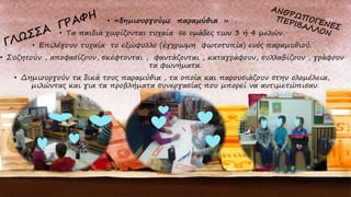 • «δημιουργούμε παραμύθια » .
• Τα παιδιά χωρίζονται τυχαία σε ομάδες των 3 ή 4 μελών.
• Επιλέγουν τυχαία το εξώφυλλο (έγχρωμη φωτοτυπία) ενός παραμυθιού.
• Συζητούν , αποφασίζουν, σκέφτονται , φαντάζονται , καταγράφουν, συλλαβίζουν , γράφουν
τα φωνήματα.
• Δημιουργούν τα δικά τους παραμύθια , τα οποία και παρουσιάζουν στην ολομέλεια,
μιλώντας και για τα προβλήματα συνεργασίας που μπορεί να αντιμετώπισαν.
 