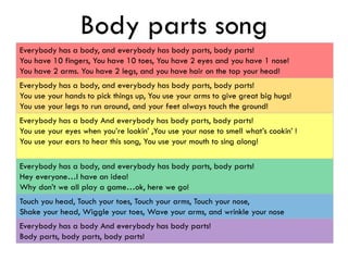 Body parts song
Everybody has a body, and everybody has body parts, body parts!
You have 10 fingers, You have 10 toes, You have 2 eyes and you have 1 nose!
You have 2 arms. You have 2 legs, and you have hair on the top your head!
Everybody has a body, and everybody has body parts, body parts!
You use your hands to pick things up, You use your arms to give great big hugs!
You use your legs to run around, and your feet always touch the ground!
Everybody has a body And everybody has body parts, body parts!
You use your eyes when you’re lookin’ ,You use your nose to smell what’s cookin’ !
You use your ears to hear this song, You use your mouth to sing along!
Everybody has a body, and everybody has body parts, body parts!
Hey everyone…I have an idea!
Why don’t we all play a game…ok, here we go!
Touch you head, Touch your toes, Touch your arms, Touch your nose,
Shake your head, Wiggle your toes, Wave your arms, and wrinkle your nose
Everybody has a body And everybody has body parts!
Body parts, body parts, body parts!
 