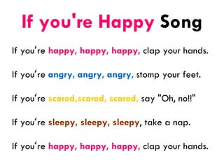 If you're Happy Song
If you‘re happy, happy, happy, clap your hands.
If you‘re angry, angry, angry, stomp your feet.
If you‘re scared,scared, scared, say "Oh, no!!"
If you‘re sleepy, sleepy, sleepy, take a nap.
If you‘re happy, happy, happy, clap your hands.
 