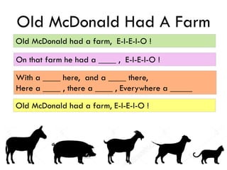 Old McDonald Had A Farm
Old McDonald had a farm, E-I-E-I-O !
On that farm he had a ____ , E-I-E-I-O !
With a ____ here, and a ____ there,
Here a ____ , there a ____ , Everywhere a _____
Old McDonald had a farm, E-I-E-I-O !
 