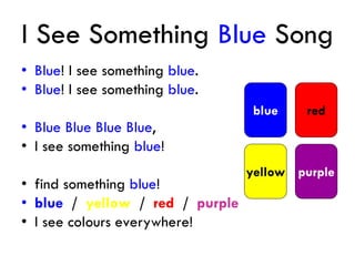 I See Something Blue Song
• Blue! I see something blue.
• Blue! I see something blue.
• Blue Blue Blue Blue,
• I see something blue!
• find something blue!
• blue / yellow / red / purple
• I see colours everywhere!
purpleyellow
blue red
 