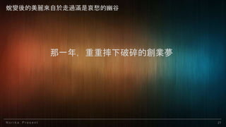 N o r i k a P r e s e n t 21
那一年，重重摔下破碎的創業夢
蛻變後的美麗來自於走過滿是哀愁的幽谷
 