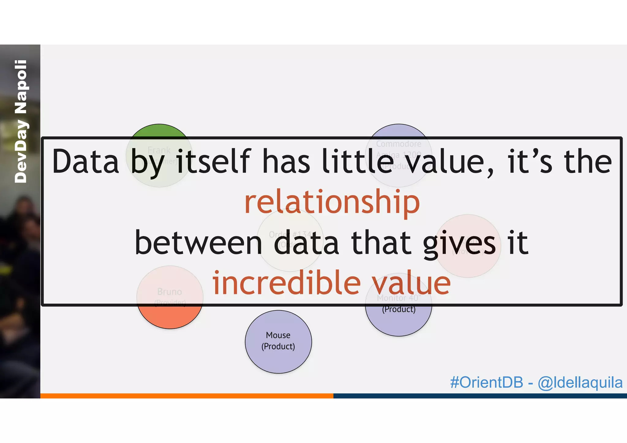 #OrientDB - @ldellaquila
DevDayNapoli
Order #134
(Order) John
(Provider)
Commodore
Amiga 1200
(Product)
Frank
(Customer)
Monitor 40”
(Product)
Mouse
(Product)
Bruno
(Provider)
Data by itself has little value, it’s the
relationship
between data that gives it
incredible value
 