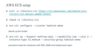 $ curl -o ~/bin/ecs-cli https://s3.amazonaws.com/amazon-ecs-
cli/ecs-cli-darwin-amd64-latest
$ chmod +x ~/bin/ecs-cli
$ ecs-cli configure --cluster habitat-demo
stands up the cluster
$ ecs-cli up --keypair mattray-apac --capability-iam --size 2 --
instance-type t2.medium --security-group habitat-demo
provisions hosts for containers with SSH, 8080 and Habitat ports open
AWS ECS setup
 