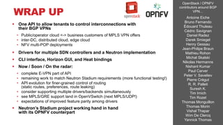 WRAP UP
 One API to allow tenants to control interconnections with
their BGP VPNs
• Public/operator cloud <-> business cu...