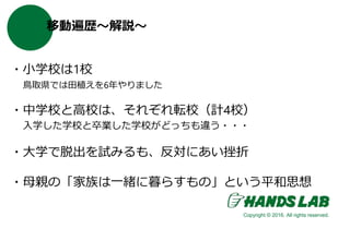 移動遍歴〜解説〜
・小学校は1校
鳥取県では田植えを6年やりました
・中学校と高校は、それぞれ転校（計4校）
入学した学校と卒業した学校がどっちも違う・・・
・大学で脱出を試みるも、反対にあい挫折
・母親の「家族は一緒に暮らすもの」という平和思想
Copyright © 2016. All rights reserved.
 